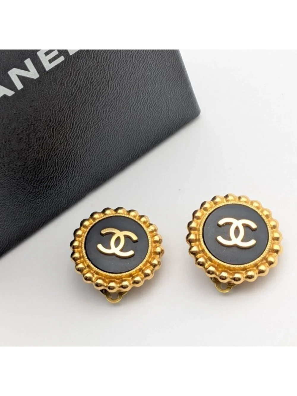 Chanel Earrings CC Logo Gold Black Vintage